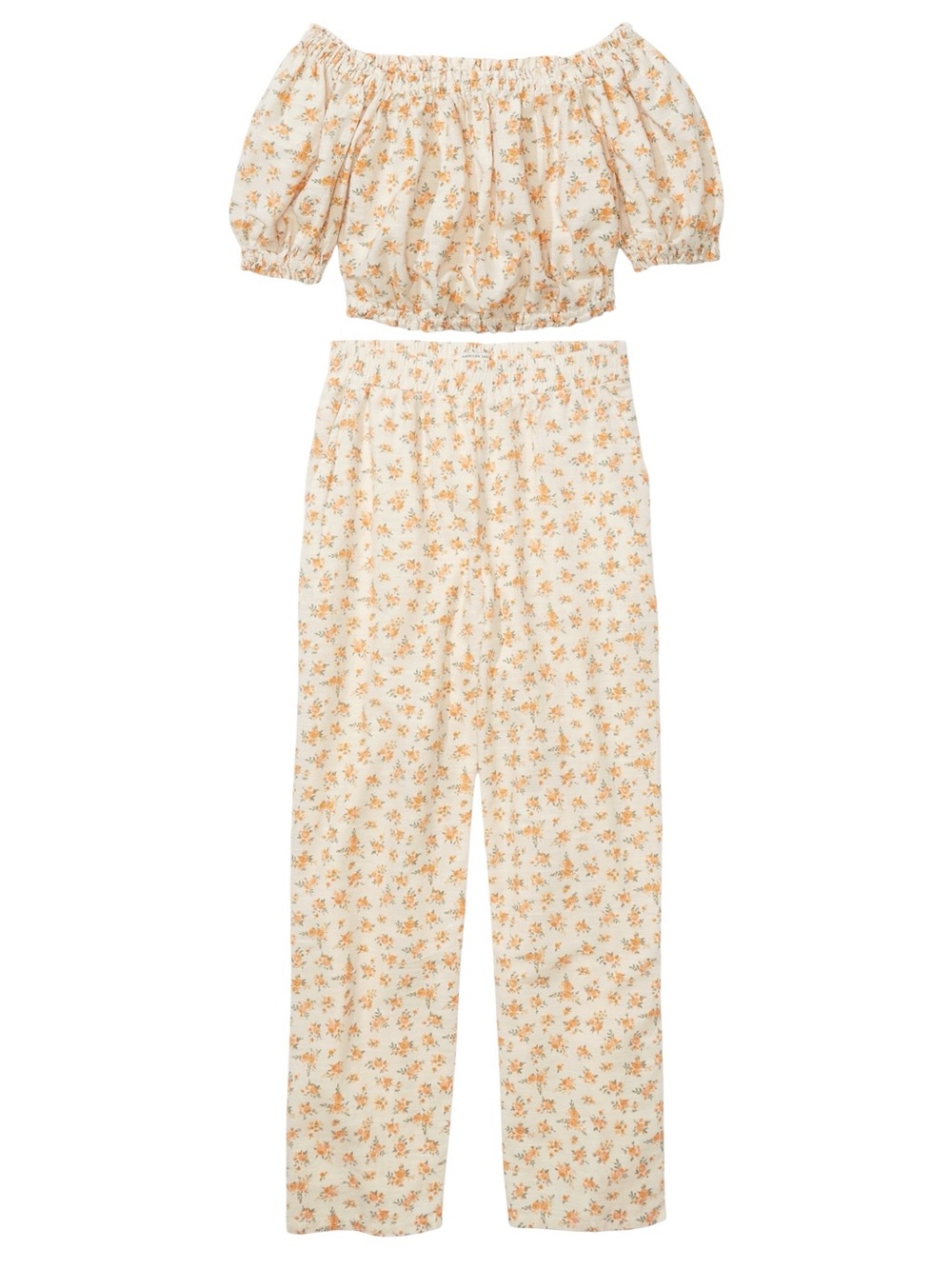 American Eagle Cream‎ Floral Set Wide Leg Pant Off Shoulder Bubble Blouse Small